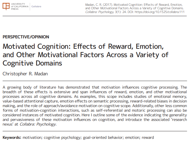 Motivated cognition: Effects of reward, emotion, and other motivational factors across a variety of cognitive domains