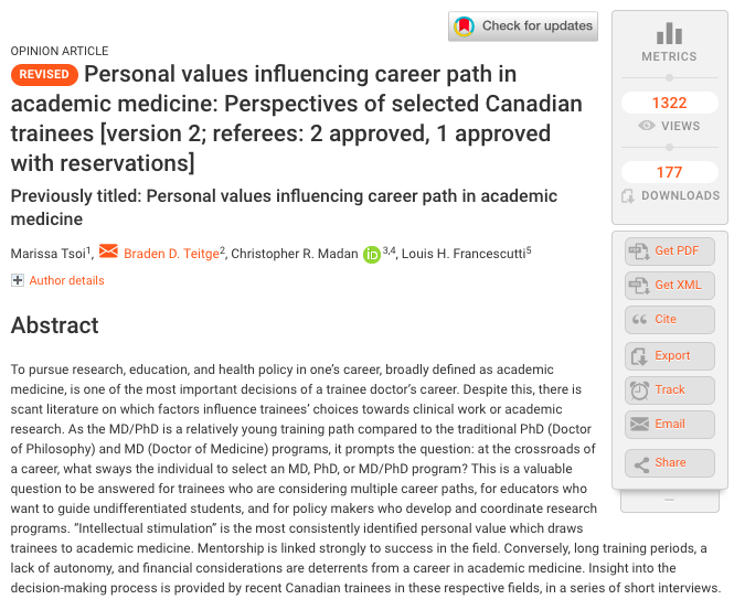 Personal values influencing career path in academic medicine: Perspectives of selected Canadian trainees