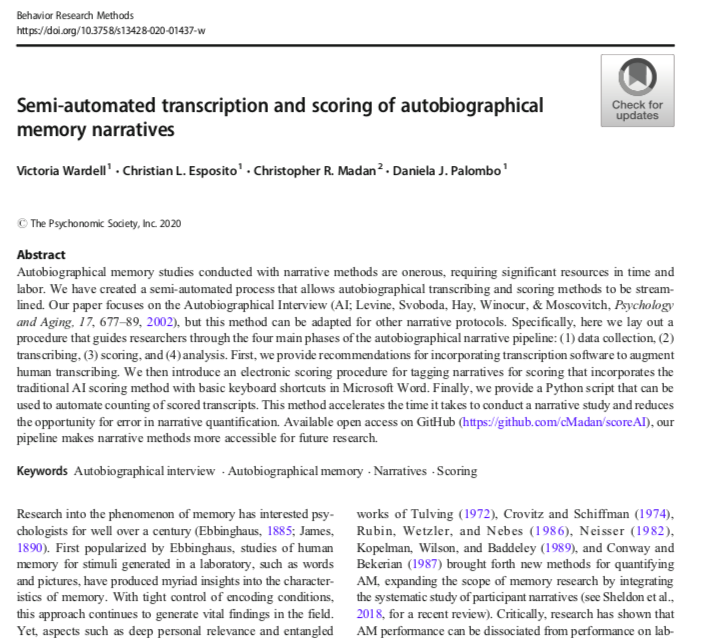 Semi-automated transcription and scoring of autobiographical memory narratives