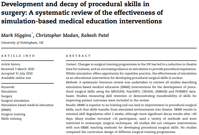 Development and decay of procedural skills in surgery: A systematic review of the effectiveness of simulation-based medical education interventions