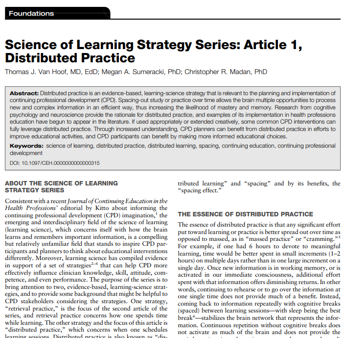 Science of Learning Strategy Series: Article 1, Distributed Practice