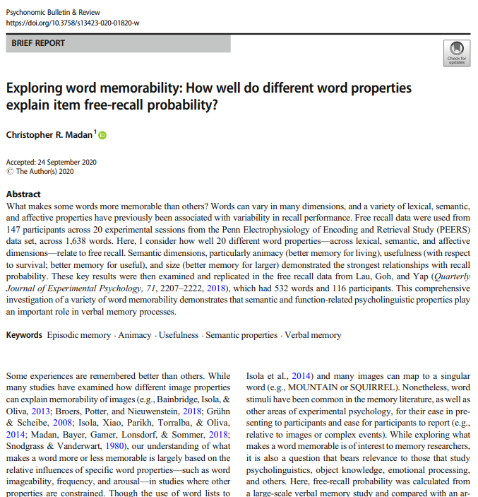 Exploring word memorability: How well do different word properties explain item free-recall probability?