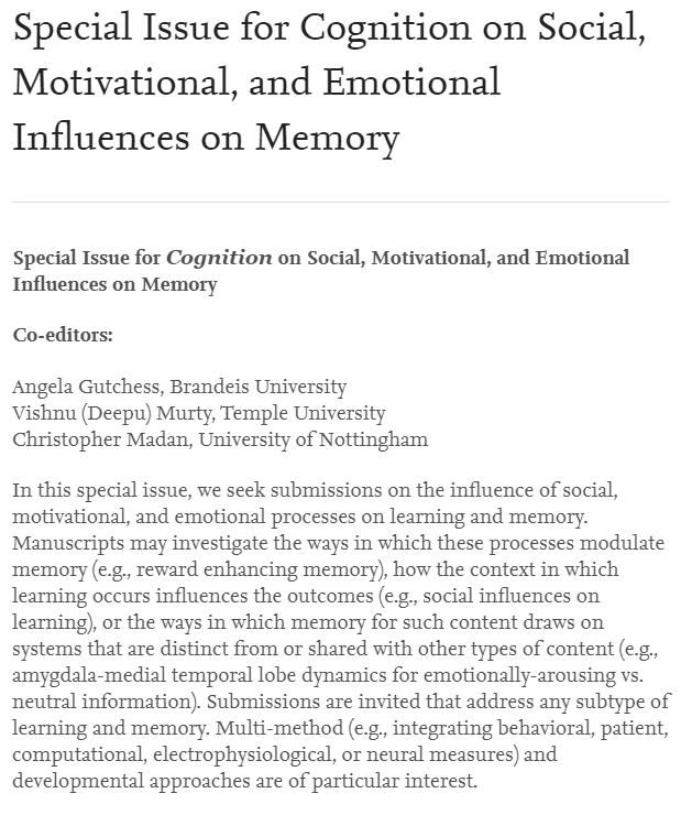 Special Issue for <i>Cognition</i> on Social, Motivational, and Emotional Influences on Memory