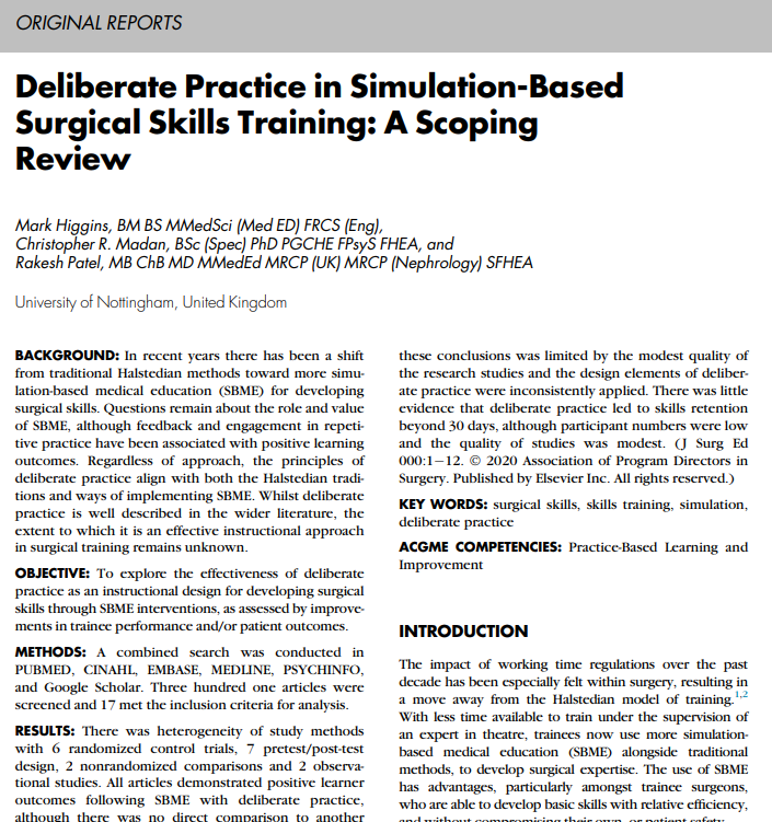 Deliberate Practice in Simulation-Based Surgical Skills Training: A Scoping Review