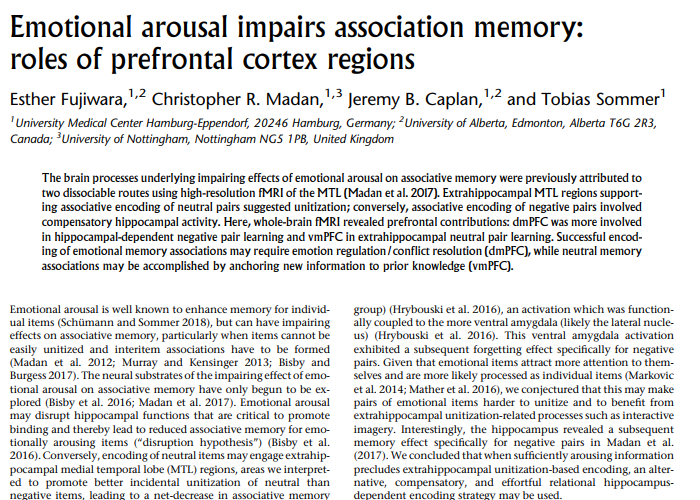 Emotional arousal impairs association memory: roles of prefrontal cortex regions
