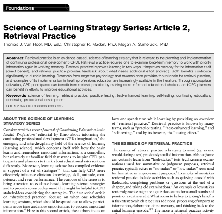 Science of Learning Strategy Series: Article 2, Retrieval Practice